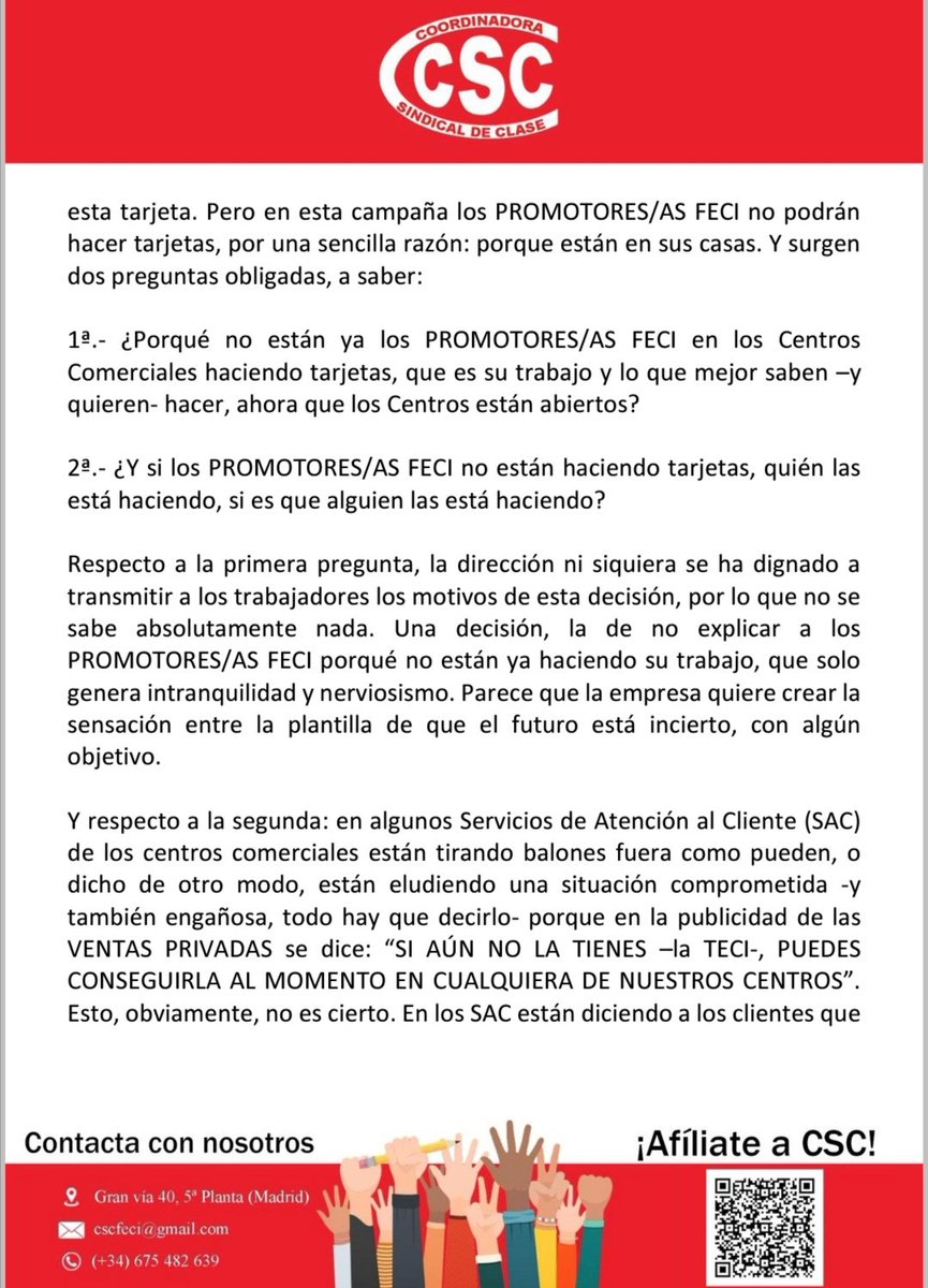 CSC_FECI's tweet photo. PROMOCIÓN Y GESTIÓN EN FECI: ¿Y AHORA QUÉ?
La empresa debe tener claro que CSC no va a consentir que se  rebajen las condiciones de los trabajadores ni  que se pierda  ni un solo puesto de trabajo  sin  luchar, y ya tiene la experiencia  del  ERTE ilegal que trató  de aplicar. https://t.co/pEtUH6aK0C