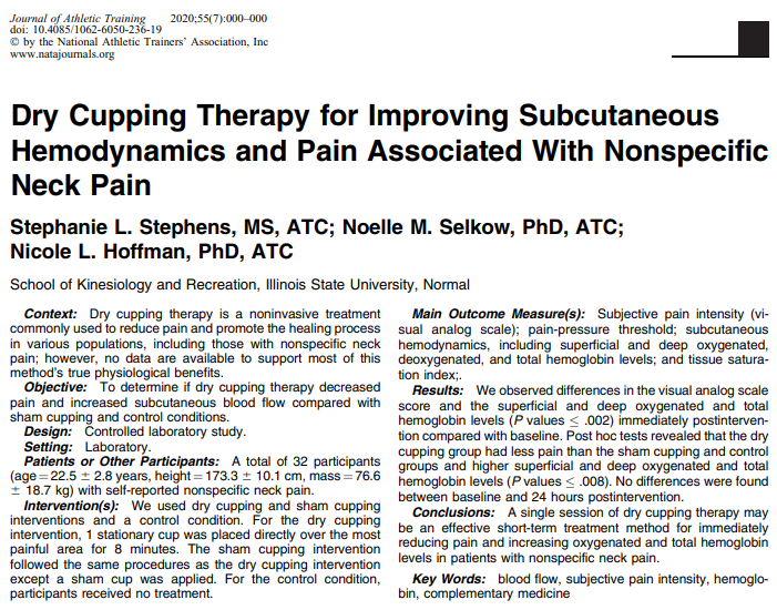 JAT_NATA's tweet photo. New online first from Stephanie Stephens, MS, Dr. Noelle Selkow (@docselkow), and Dr. Nicole Hoffman: Dry Cupping Therapy for Improving Subcutaneous Hemodynamics and Pain Associated With Nonspecific Neck Pain.

Link: https://t.co/QAI5vydCIx https://t.co/BPkn1JUwdo
