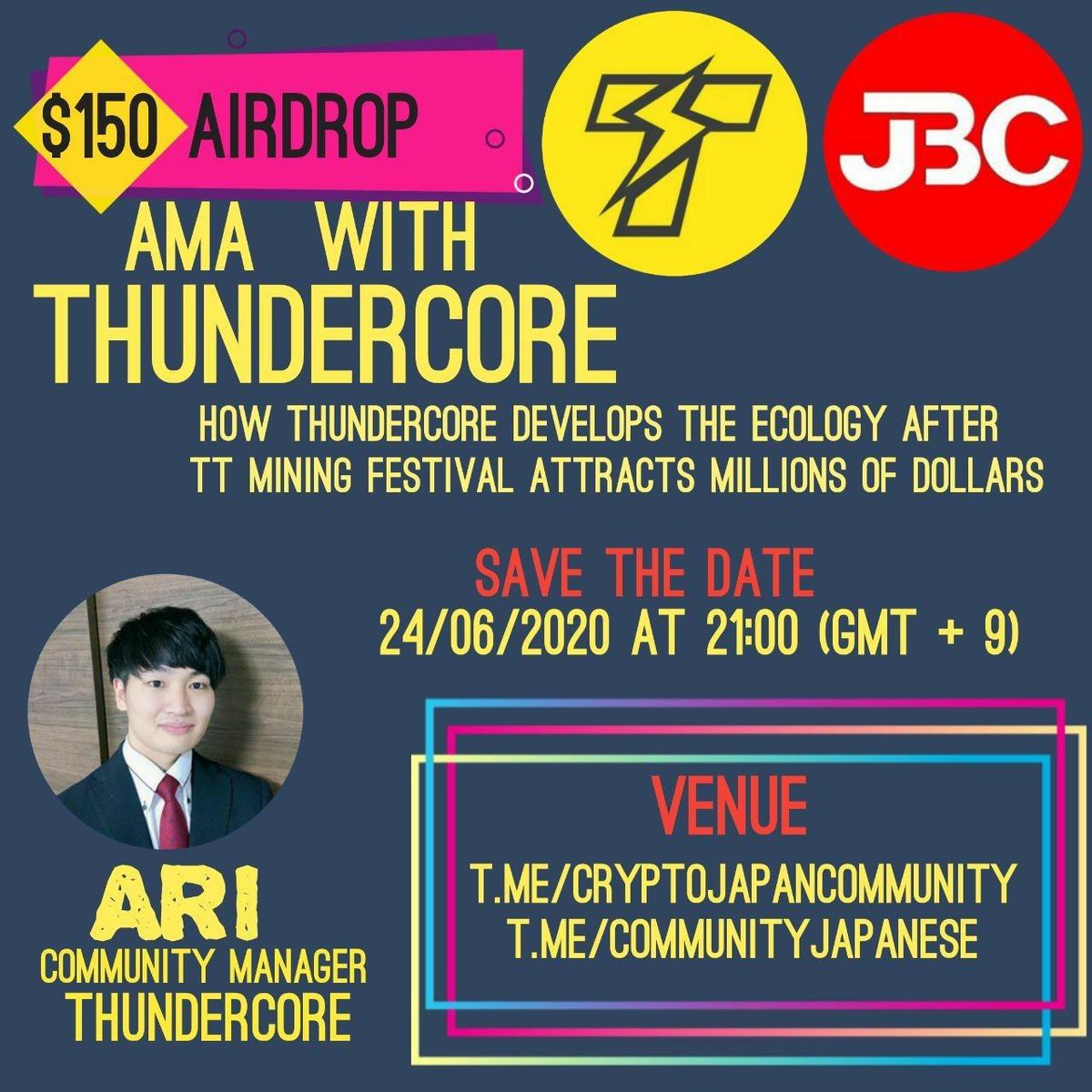 JPChain's tweet photo. ARIコミュニティマネージャーThunderCore JapanとのAMAに参加してみませんか

話題になっています。TTマイニングフェスティバルは数百万ドルを誘致した後、ThunderCoreはどのように生態系を開発する
時間は 2020年6月24日21時00分（グリニッジ標準時+9時

Telegram https://t.co/OF6uftwjul https://t.co/aB3S9slC2N
