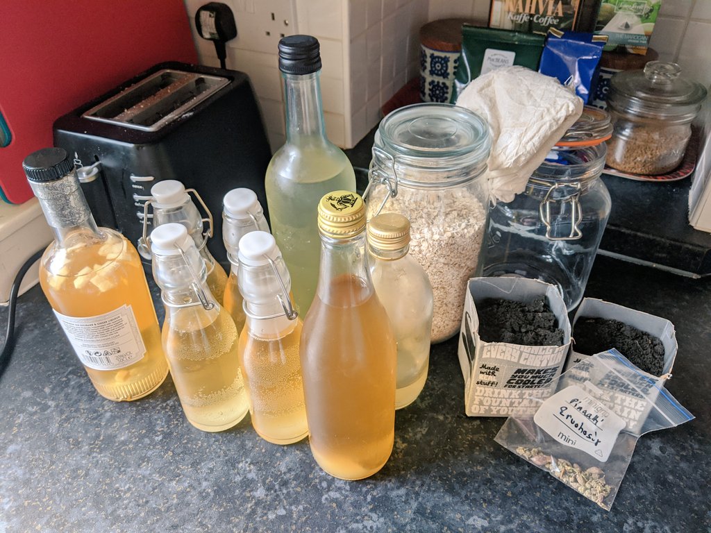 To the left the results of the #homebrewing so far: elderflowercordial,elderflowergin,elderflower + ginger & honey #kombucha.To the right,today's plan:home-made oat milk and planting the hand-picked spinach and chive seeds my mom sent me (yes,she's mad) in the post. #lockdownlife