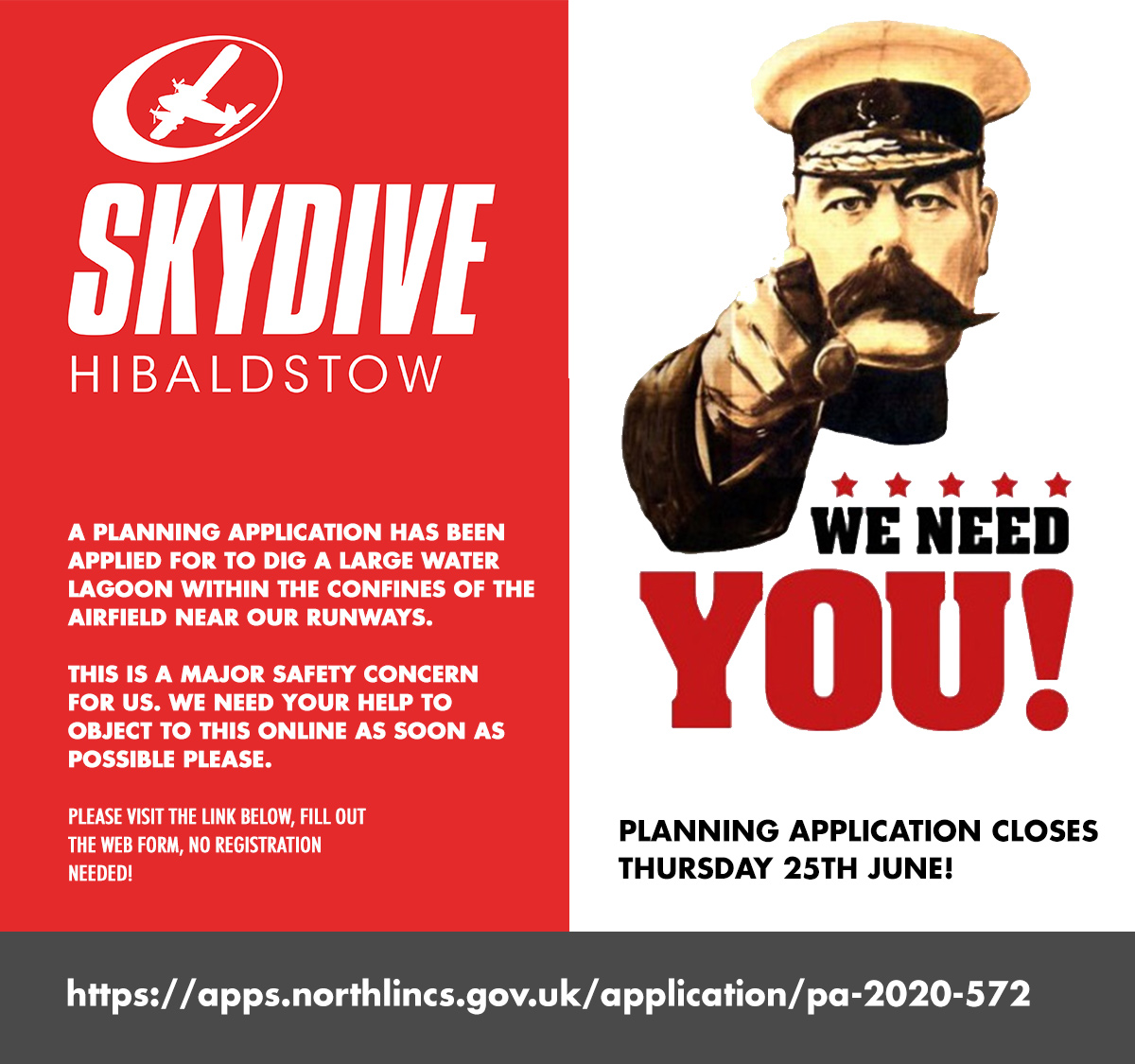 Hi everybody, we need your help! Please help us to object to planning permission which has been lodged recently to dig some large water lagoons within the perimeter of the dropzone.

No need to register, just fill out the webform, then click Submit!

apps.northlincs.gov.uk/application/pa…