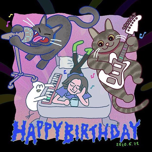 Manapagne これまでの洋平さんの誕生日のときのmugnyさんのイラスト 全部かわいいけど今回はソイラテがギターと ボーカル とりもちがピアノで洋平さんはゴロゴロ役なのね笑笑 個人的にすごい好きなのは3枚目のとりもちが洋平のケーキ食べちゃってるやつ笑