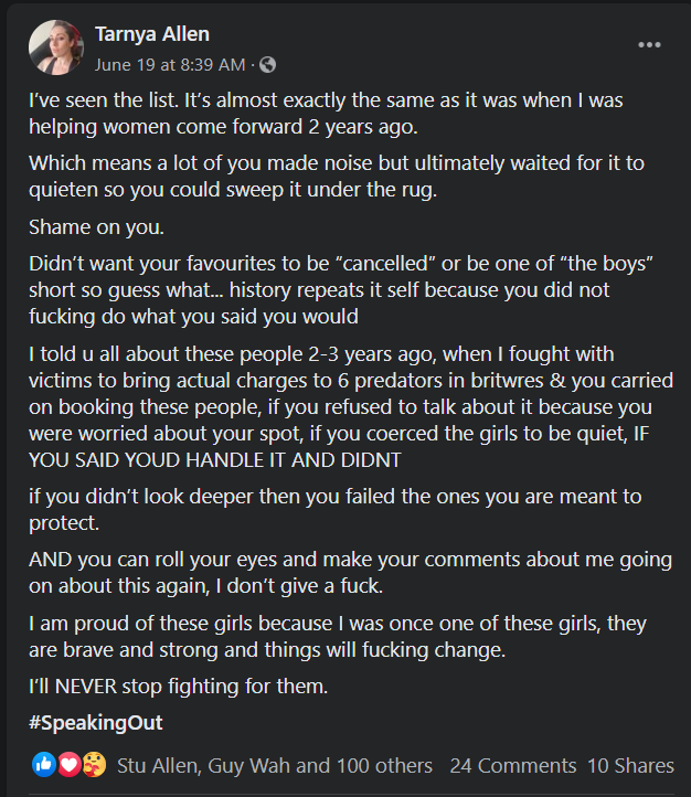 In 2018, Tarnya "Skarlett" Allen worked with victims and the police and was first to go public about the likes of Edler, Bubblegum and others. She isnt one of the "trendy" BritWres workers, but she certainly is one of the ones who has helped the scene more than you probably know.