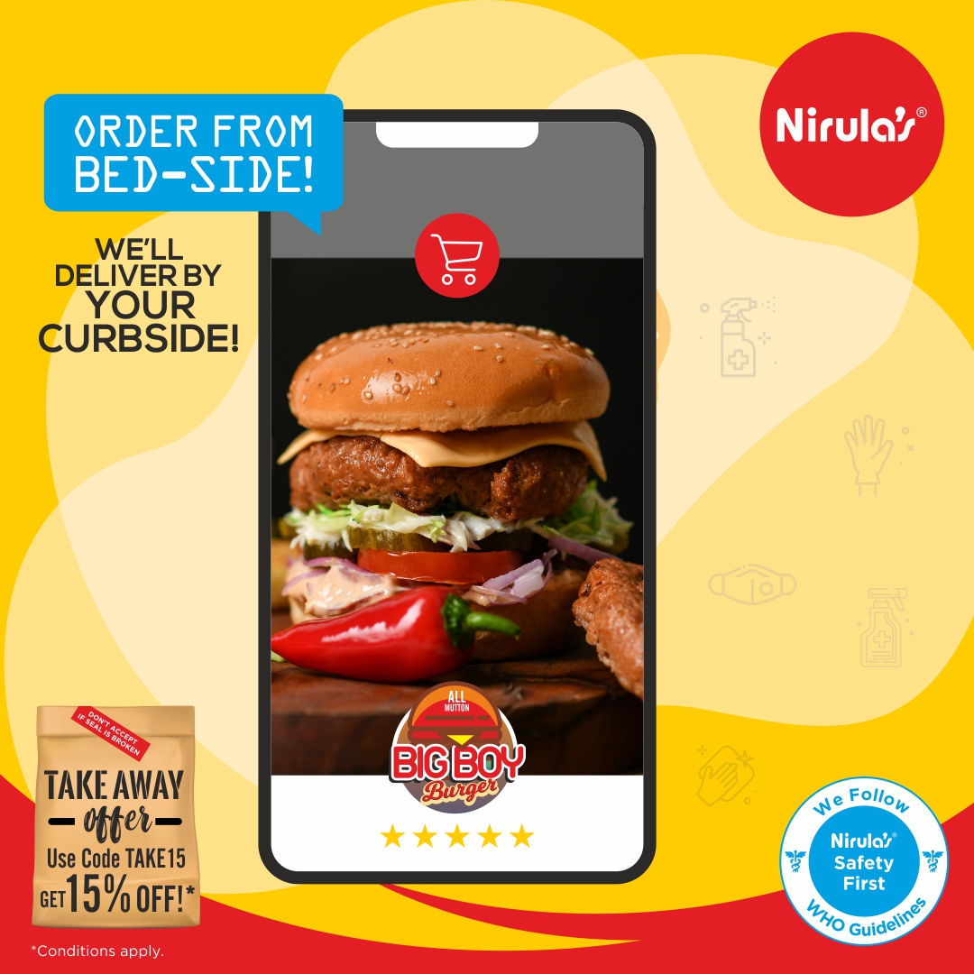 Use Discount Code: TAKE15 to avail 15% off on your Takeaway and Delivery orders from the Nirulas App and Website!!!

Order now and let the feast begin

*T&amp;C Applied

#NirulasSafetyFirst #contactlessdelivery #contactlesstakeaway #burger #feast #mondaymotivation #instafood #drive