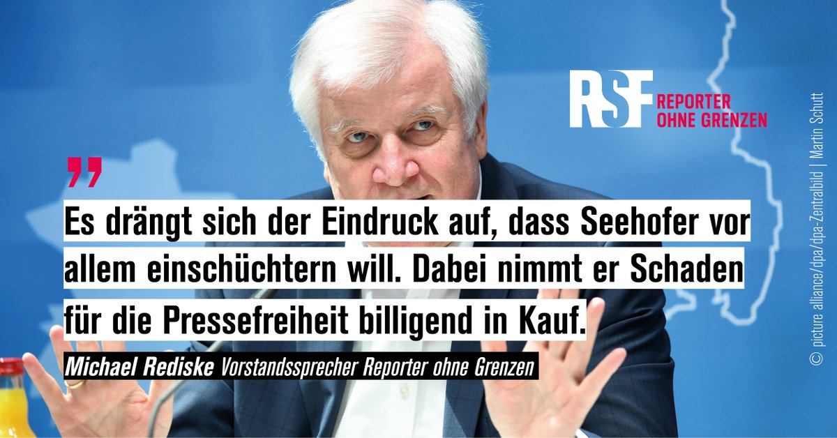 Eine Strafanzeige von Bundesinnenminister #Seehofer (<a href="/BMI_Bund/">Bundesministerium des Innern</a>/<a href="/BMISprecher/">Steve Alter</a>) gegen eine <a href="/tazgezwitscher/">taz</a>-Kolumnistin wäre völlig inakzeptabel. So etwas kennen wir aus autoritären Staaten. Ein deutscher Minister darf sich daran kein Beispiel nehmen.
reporter-ohne-grenzen.de/pressemitteilu…
