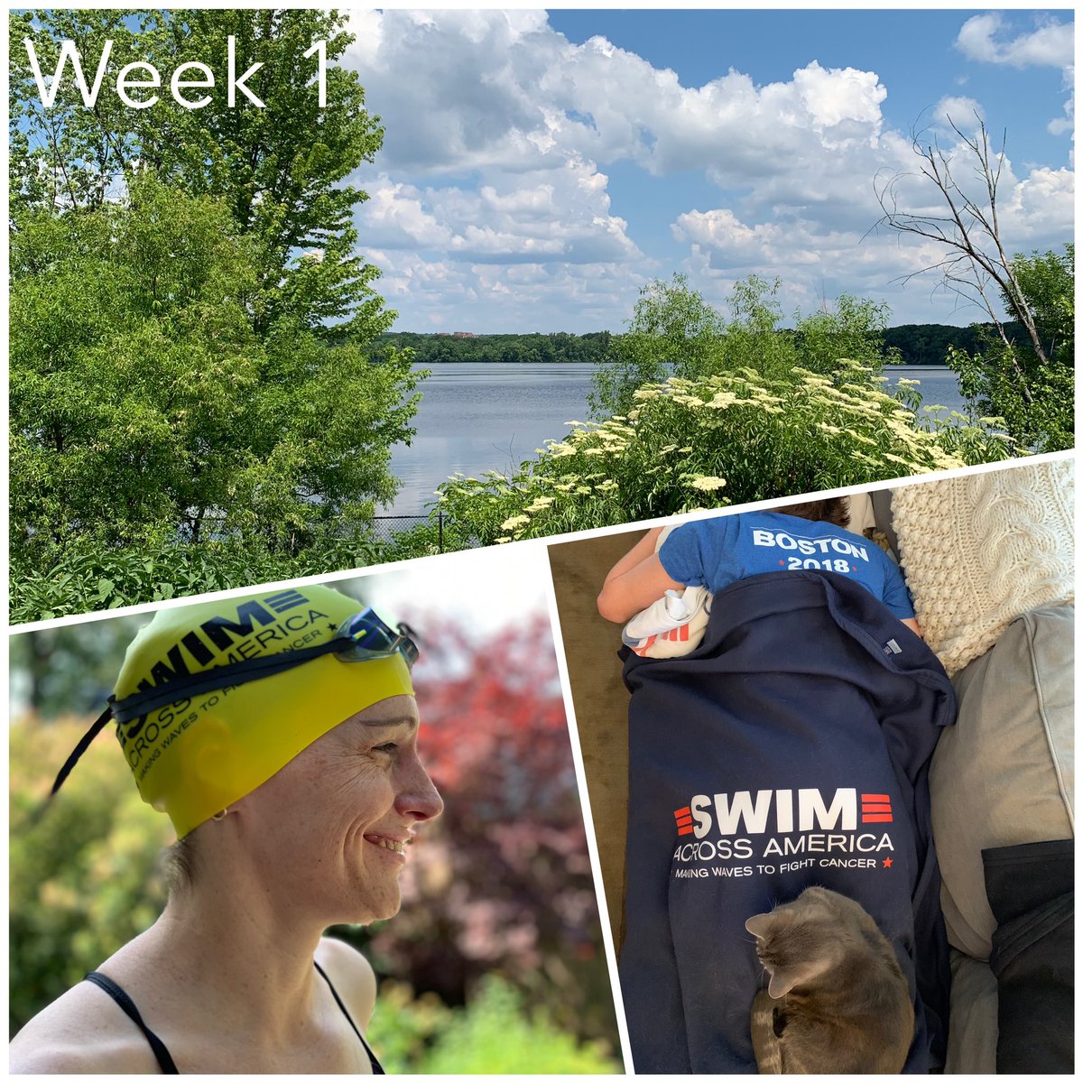 WEEK 1 <a href="/BostonSAA/">Swim Across America Boston</a> Coast to Coast Challenge: 1) SWIM 🏊🏻‍♀️ at Walden Pond; (2) RUN 🏃‍♀️ around Fresh Pond Reservoir; (3) NAP 😴 with cat while wearing @SAAswim apparel

I’m creating my own triathlon each week! CREATIVE SUGGESTIONS?? #SAACoastToCoast #makingwavestofightcancer