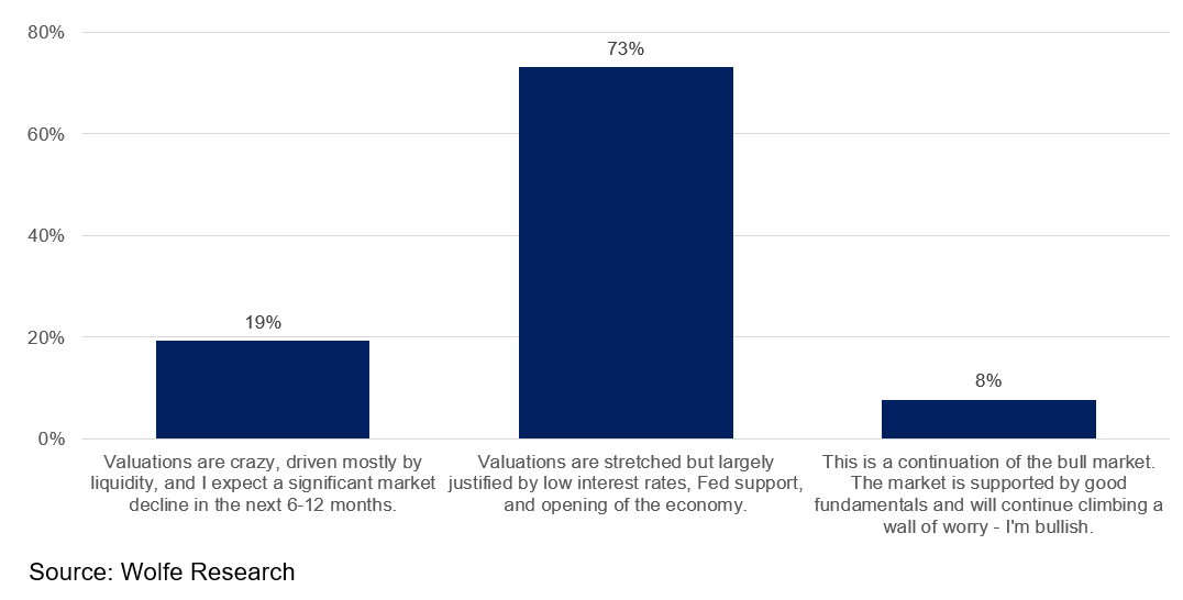 WolfeDailyHowl's tweet photo. Almost three quarters of investors surveyed expect tech to outperform the balance of the year. They slightly favor large cap over mid/small cap tech. https://t.co/u5MuNbqOeO