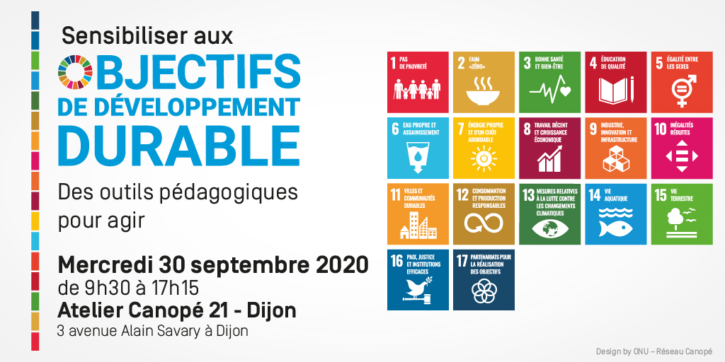 "📆 Événement :  Sensibiliser aux Objectifs de Développement Durable : des outils pédagogiques pour agir 
⏰ 30 septembre 2020 de 9h30 à 17h15 
📍 @canope_21 <a href="/reseau_canope/">Réseau Canopé</a> 
🎫 Inscription jusqu’au 9 septembre 
🗣️ Ateliers, world café, échanges 
#ODD #EDD bit.ly/2Ycq1kW"