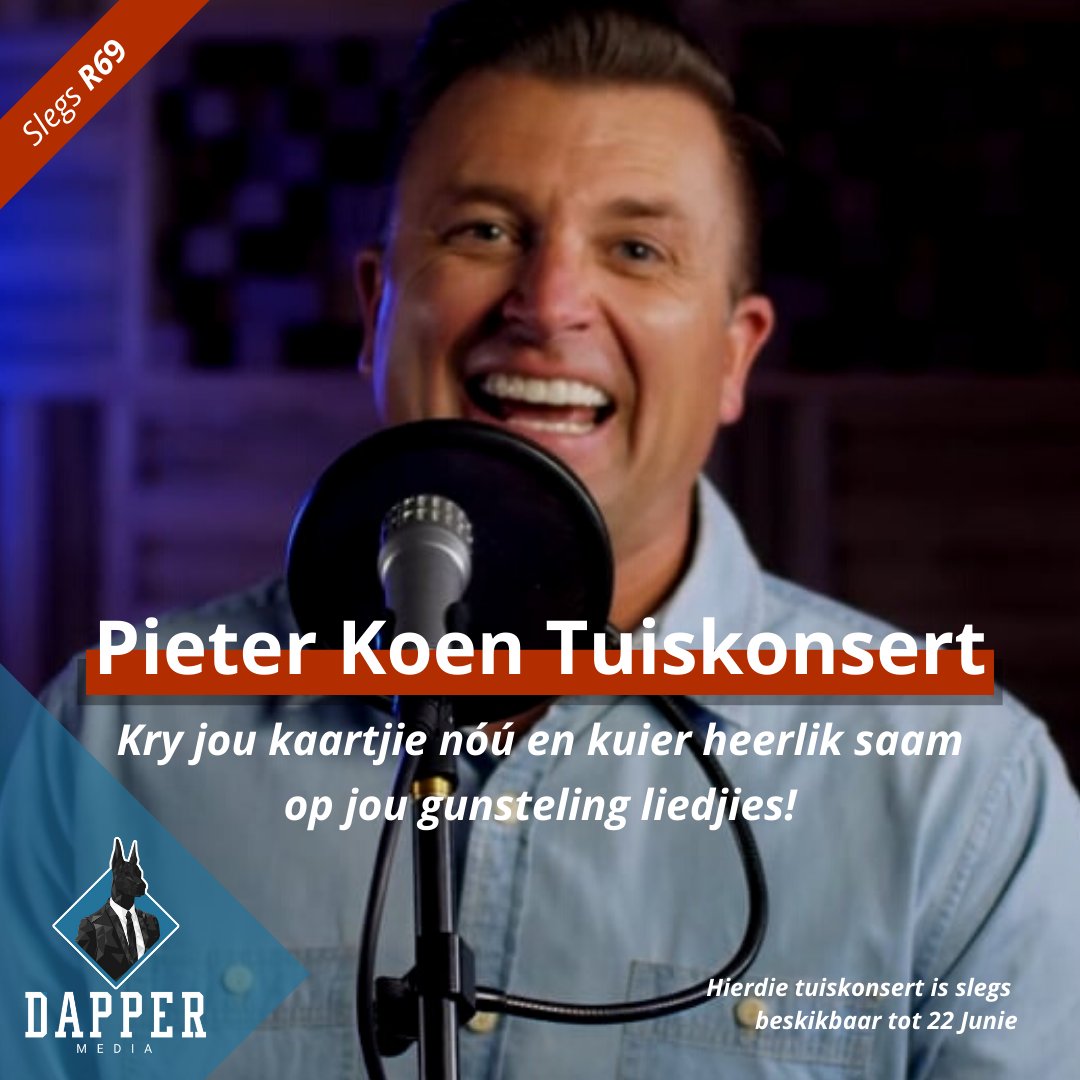 DapperMedia4's tweet photo. Het jy al jou @Pieter_Koen tuiskonsertkaartjie gekoop?
Indien nie gaan jy moet wikkel, want die laaste dag is hier!

Kaartjies is slegs R69 en is beskikbaar hier: https://t.co/3oYEszGc3L

Dis hope pret en beslis een wat jy nie wil mis nie.

#DapperMedia #Tuiskonserte #PieterKoen https://t.co/h9rxT5vTyM