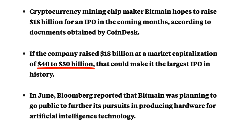 Excellion's tweet photo. Correction: Bitmain went from a $40-50 billion valuation to $4 billion in a little less than two years. They wanted to raise $18 billion for the #BitmainIPO. 😅 https://t.co/3AiBmYKzMX
