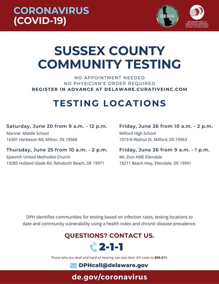 I encourage Delawareans, with or without symptoms, to get tested at one of the many saliva-based community testing locations throughout the state this week. 

For a full testing calendar, visit: coronavirus.delaware.gov/testing

Register in advance at delaware.curativeinc.com