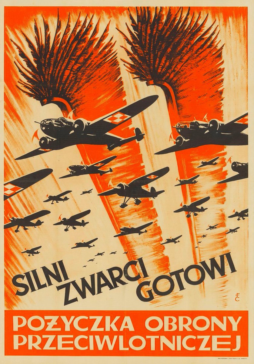 "Strong and ready” –  Polish propaganda poster published in 1939 to promote the Anti-aircraft Defense Loan (Pożyczka Obrony Przeciwlotniczej).On the right, a tourist in Warsaw, 1939, posing next to one of the posters.