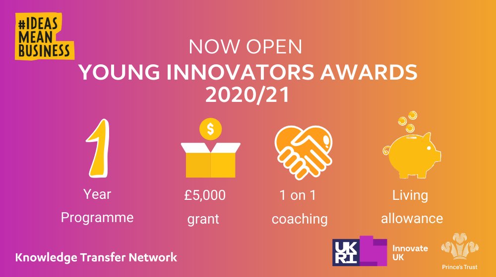 innovateuk's tweet photo. @innovateuk &amp; @PrincesTrust are searching for 18-30yr old young innovators to turn their ideas into business reality #ideasmeabusiness
The Young Innovators Awards 2020/21 include a £5,000 grant, tailored business support and a living allowance!
Read more: https://t.co/gb7w0xegLX https://t.co/L1kfDwh5MB
