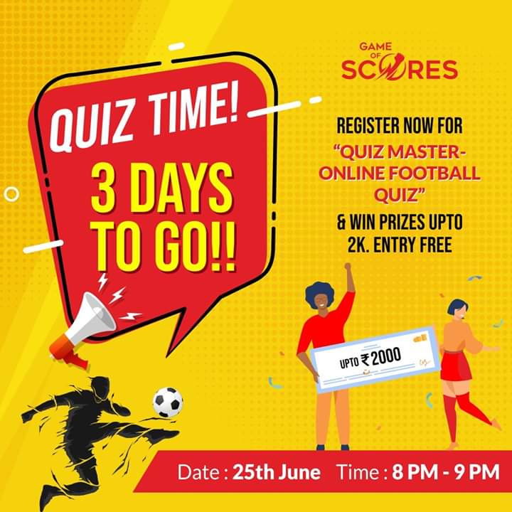 SportWizzleague's tweet photo. Only 3 days to go!!!

The Game of Scores- Quiz Master is in 3 days!

Register today! https://t.co/Eum7qxqdi4

You will receive the link to the game after you register.

Date: 25th June l Time : 8 PM - 9 PM IST

#QuizTime #SoccerLover #QuizMaster https://t.co/uSnwC37twC