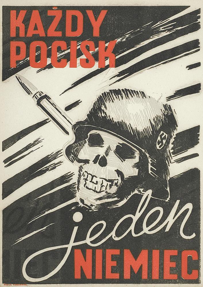 "Every German, one bullet" –  Polish poster published by the Polish Home Army + two photographs from the Warsaw Uprising of 1944 featuring the poster.