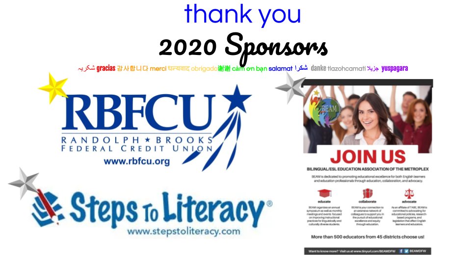 R10Multilingual's tweet image. 👏👏👏 Thank you once again to our AMAZING 2020 #R10PowerofUnity Sponsors for making our symposium possible! We couldn&apos;t have done this without you!

Thank you @rbfcu @BEAMDFW @StepstoLiteracy for your support! We appreciate you!

#bilingual #ESL #R10ELsupport