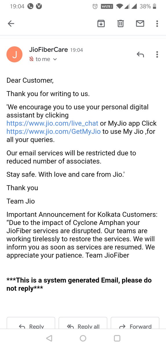 rajgup_'s tweet photo. Jiofiber @JioCare @reliancejio released  Inception part 2.  MyJio App asks you to email them and their email auto responder asks you to chat with them on the MyJio app. Customer will get trapped in an infinite loop - na rahega bans na bajegi bansuri https://t.co/MGldTgLSMz