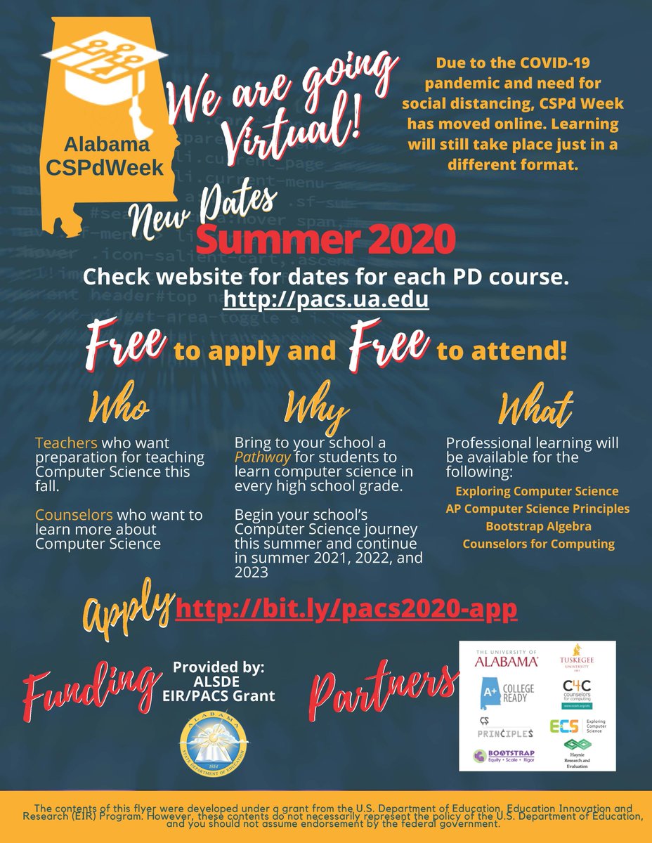 The PACS (Pathways for Alabama Computer Science) kicks off today with 60+ high school counselors! PACS is a $3.9M project from the Federal Department of Ed with training across three weeks. 

Collaborators include:
<a href="/AlabamaAchieves/">Alabama State Department of Education</a> <a href="/UofAlabama/">The University of Alabama</a> <a href="/AplusCR/">A+ College Ready</a> <a href="/TuskegeeUniv/">TUSKEGEE UNIVERSITY</a> <a href="/kchaynie/">Kathy Haynie</a>