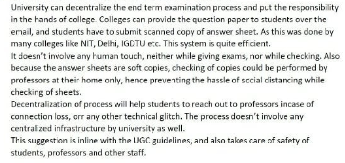 student_ipu's tweet photo. Why has everyone forgot that motive of Exams is to evaluate students and not to make them sit and write. 
Evaluation can be done in many ways. UGC suggested to explore diff. ways. 
Below is our suggestion.
@VCggsipu @GGSIPUIndia #NoExamInCovid #ipuexams @ArvindKejriwal @msisodia https://t.co/Q1wTgpDeO0