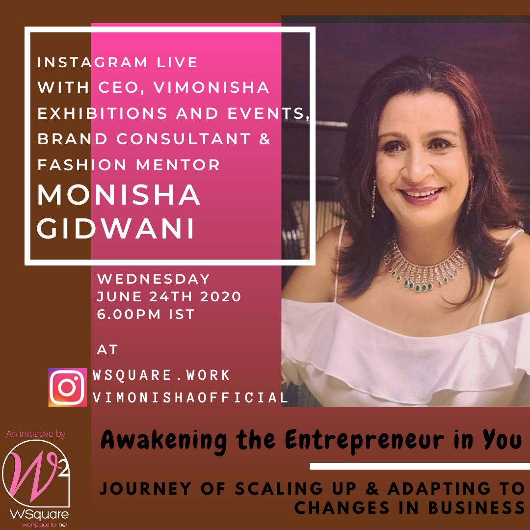 wsquare_work's tweet photo. Join us on June 24th, Wednesday at 6pm, for an Instagram Live Session with CEO- Vimonisha Exhibitions &amp; Events, Brand Consultant &amp; Fashion Mentor- Monisha Gidwani (@vimonishaofficial). 

#vimonisha #monishagidwani #branding #WSquare #Workplaceforher #brands #brandconsulting https://t.co/2Ozf7U57iW