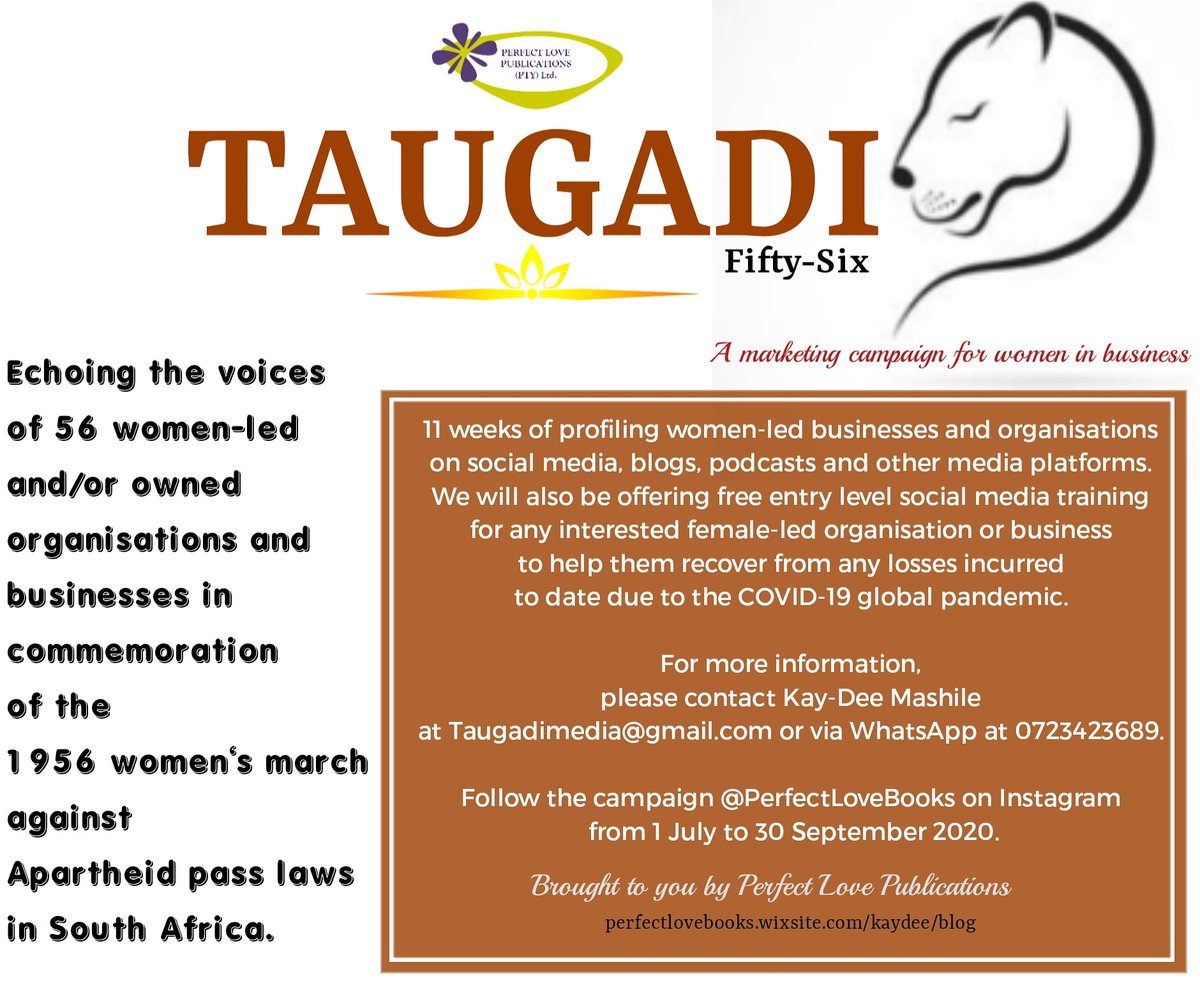 KayDee_Mashile's tweet photo. I dedicate the next 3 months of my life to shining the light on women led businesses and organisations, please join me! #Taugadi56

Email Taugadimedia@gmail.com for partnerships and nominations.

#woman #womanempowerment #womeninbusiness #Womandla https://t.co/5IuTnqzohV