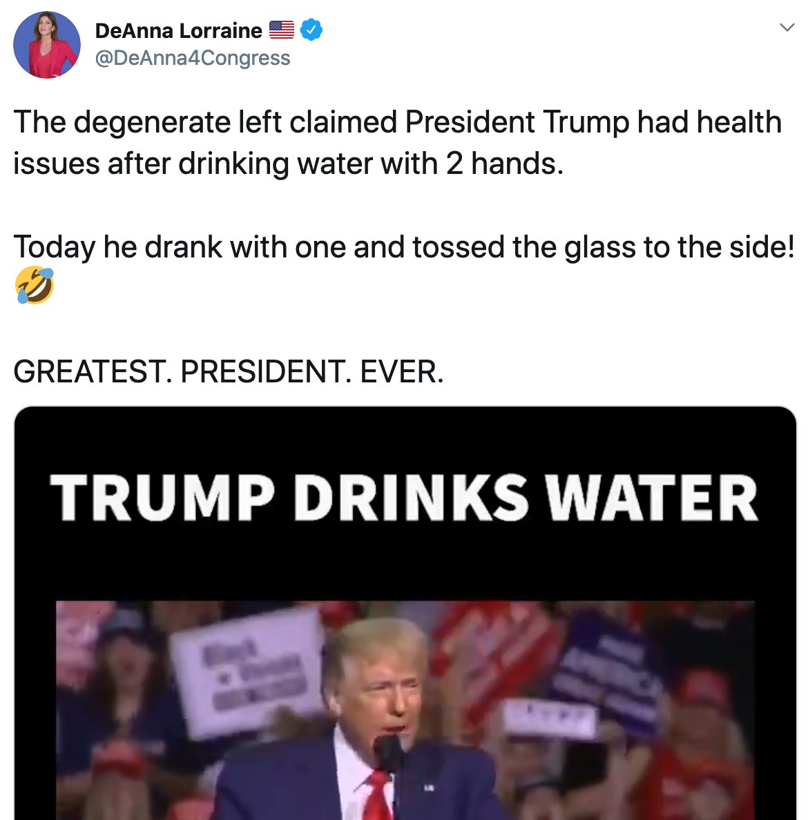 The absurdity of Trump's water drinking stunt was only overshadowed by the sycophants worshipping him for it, saying he was the "GREATEST. PRESIDENT. EVER."It was stupid and laughable, but what this all reveals is that Trump is an incredible beneficiary of white supremacy.3/