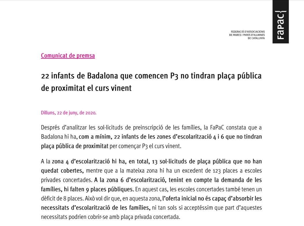 affac_cat's tweet image. 🚨Com a mínim 22 infants de #Badalona que comencen #P3 no tindran plaça pública de proximitat el curs vinent.

⚠️En canvi, l’escola privada concertada té un excedent de 123 places a la zona 4. 

#preinscripció #SenseEscolaP3 
🔍fapac.cat/wp-content/upl…
