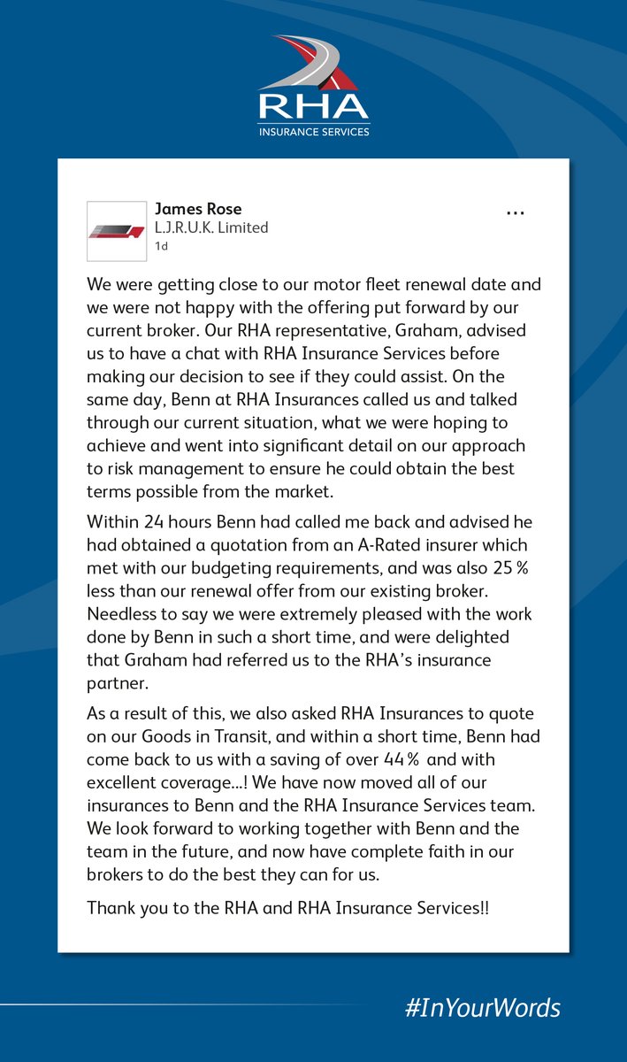 "Thank you to the RHA and RHA Insurance Services!!"

Another great piece of feedback from James Rose at L.J.R.U.K Limited.

Well done Benn!

#inyourwords #insurance #clientestimonial