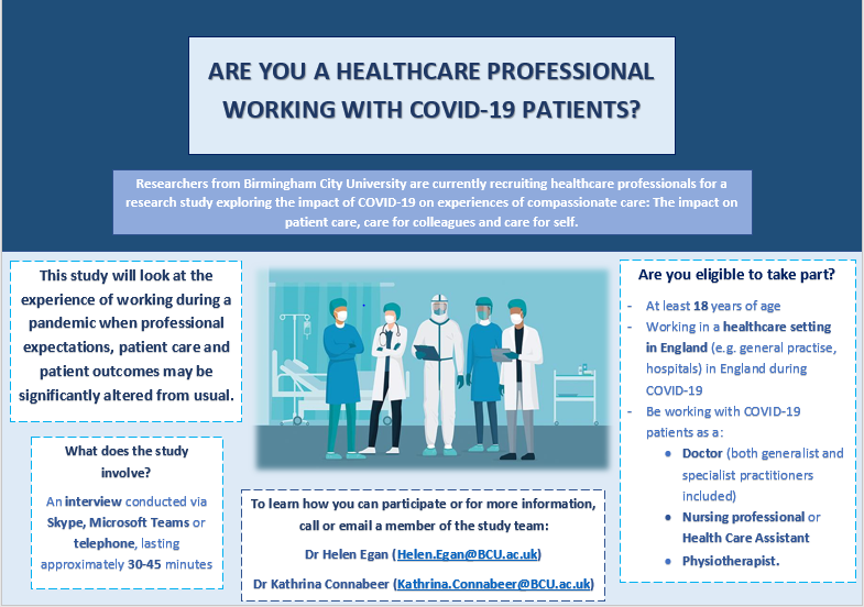 DJWallis44's tweet photo. If you are a healthcare professional working with COVID-19 patients, please consider taking part in our research exploring the impact of COVID-19 on experiences of compassionate care. Please share with your followers on social media. See attached poster for details. https://t.co/f8M2UkLUFV