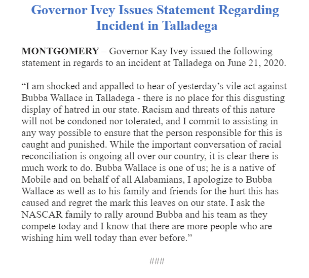 AlabamaPolitics's tweet photo. #JUSTIN @GovernorKayIvey says she's "shocked and appalled" to hear about the "vile act" against Bubba Wallace in Talladega. https://t.co/Ee1i9BkhtG