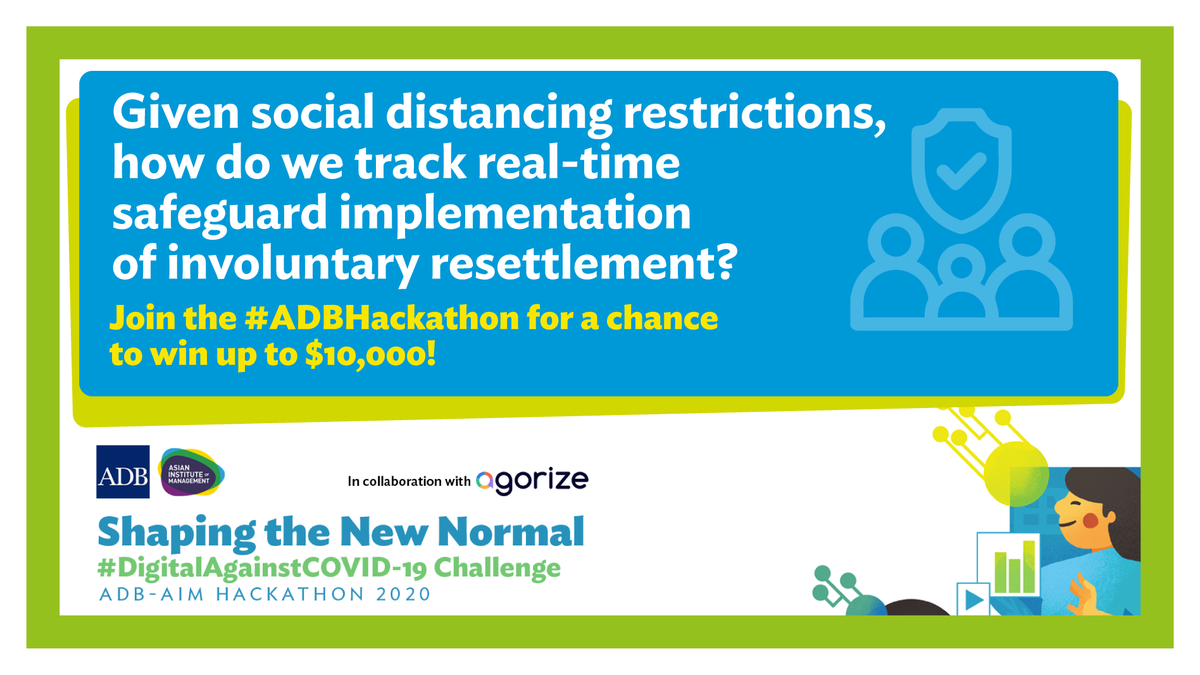 ADB_Europe's tweet image. Join the 2020 ADB-AIM Hackathon's “Real-time Tracking of Resettlement Implementation” challenge!  Turn your ideas into reality and win up to $10,000 for pilot testing if your solution is selected. Submit your entry by 10 July. 

Join challenges.adb.org/en/challenges/… 

#ADBHackathon