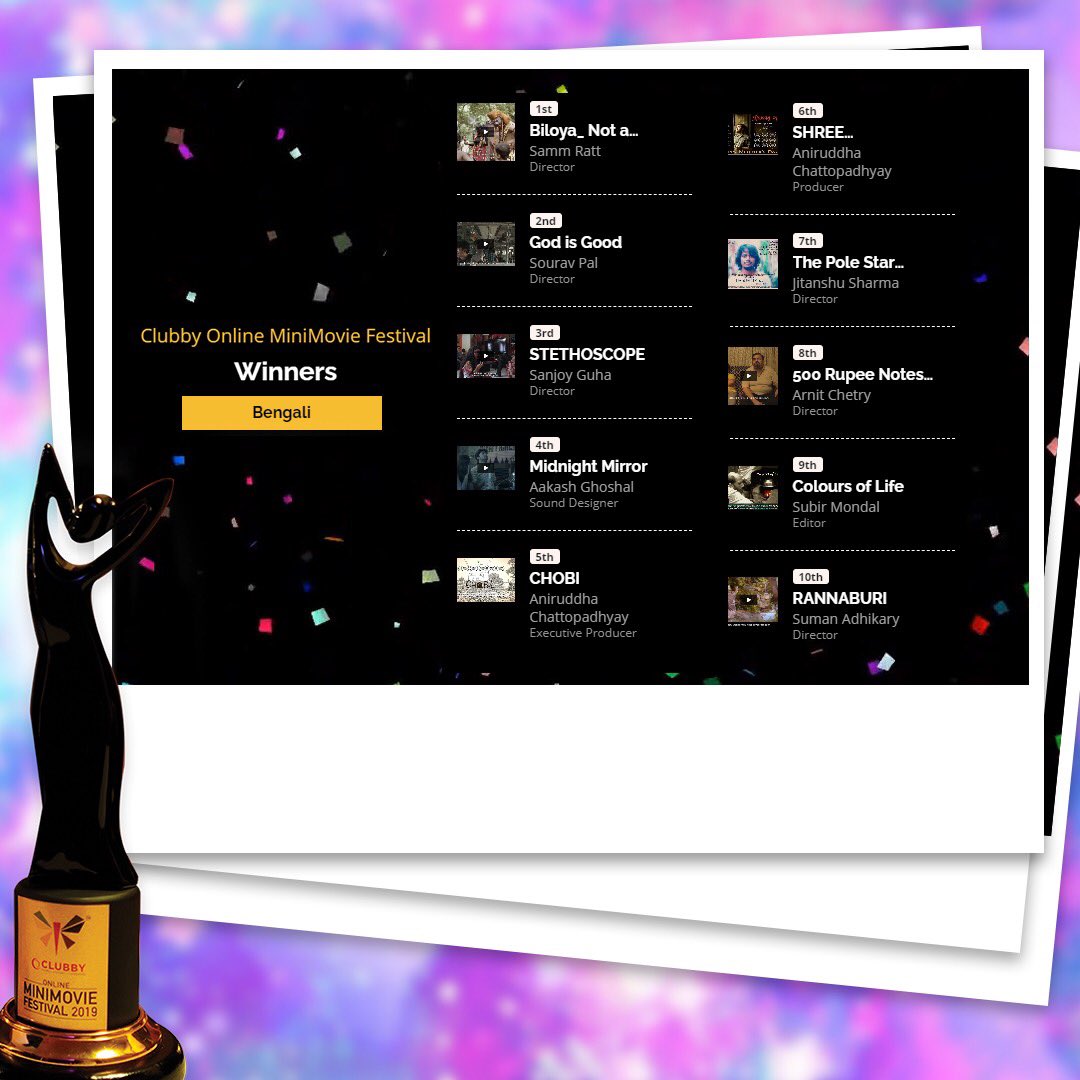 ClubbyOfficial's tweet photo. Here are the Top 10 Shortfilms of the Decade for Clubby Online MiniMovie Festival 2019-20 in #Bengali category. Congratulations Winners!
Watch here - https://t.co/NwC8Skb3ok

#bengali #bengalicinema #shortfilms #clubby #FilmFestival https://t.co/GPywyWqWzJ