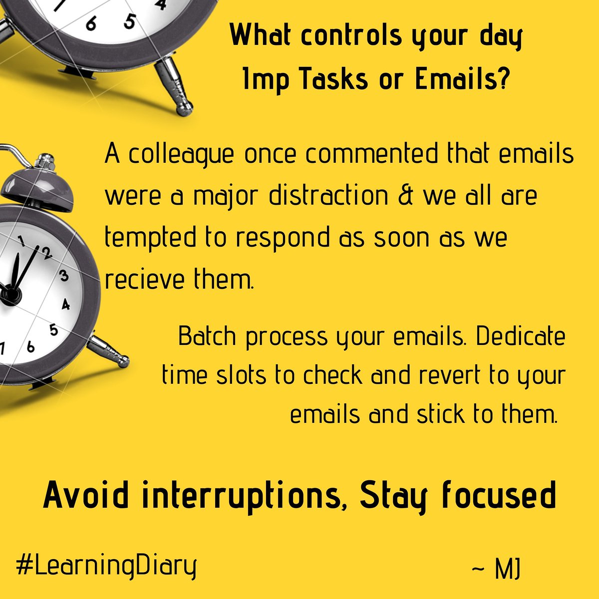 jhaveri_mayank's tweet photo. Are emails running your life? Remember, itβs a tool to help you do your work and not the work in itself.
#learninganddevelopment
#dailymusings
#learningDiary
#email
#emailmanagement
#emailmanagementtips
#timemanagement
#managingselfperformance https://t.co/R6LGickcJs