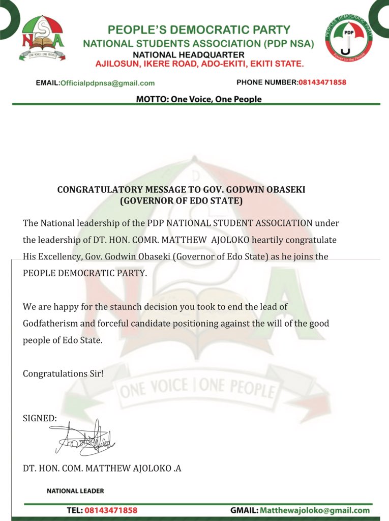 OfficialPDPNSA's tweet photo. We congratulate our amiable Governor @GovernorObaseki as he joins @OfficialPDPNig
We are very proud to say mathematically 4+4= GGO2020
@GovernorObaseki @OfficialPDPNig @PDP_2023 @PDPVanguard @EdoStateGovt
#ForwardEverBackwardNever #edoforpdp https://t.co/jMtxjPXDQ0