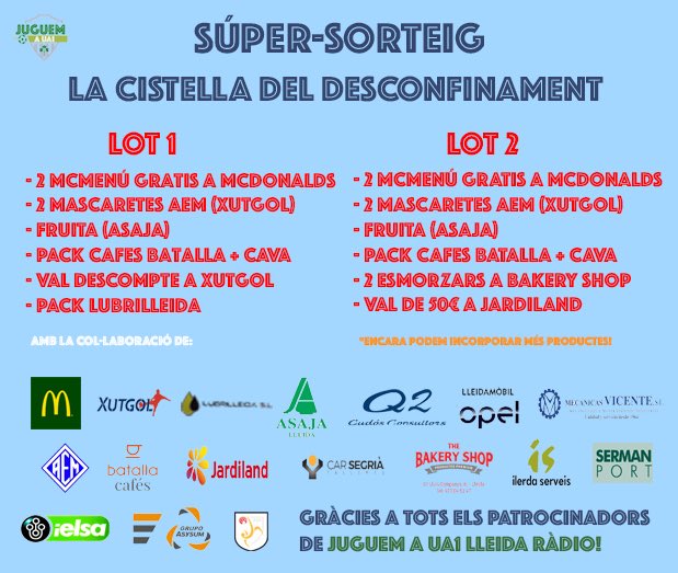🎁🎁SÚPER SORTEIG🎁🎁

CISTELLA DEL DESCONFINAMENT amb PRODUCTES dels nostres PATROCINADORS

🚨PER PARTICIPAR: 

👉RT a aquest twitt
👉Follow a <a href="/TertuliaLasoUA1/">Tertúlia Esportiva UA1 🚀</a> 

🏆🏆DOS GUANYADORS (Un per cada LOT) el dia 29 a les 20:30h, durant la TERTÚLIA