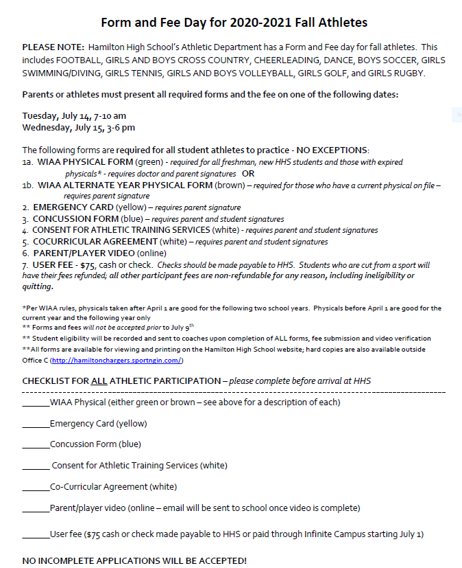 HHS_Chargers's tweet photo. Attention Fall Athletes--Fee and form day will be July 14 and 15.  All forms and mandatory parent/player video will be available July 1 on the athletic website. @TheHamHouse https://t.co/BSFAqJNBGK