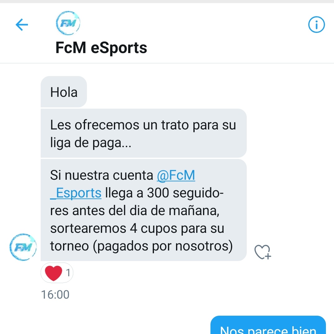Atención!

Si <a href="/FcM_Esports/">FcM eSports</a> llega a 300 seguidores sortearán 4 cupos para la primera edicion de nuestra liga paga...