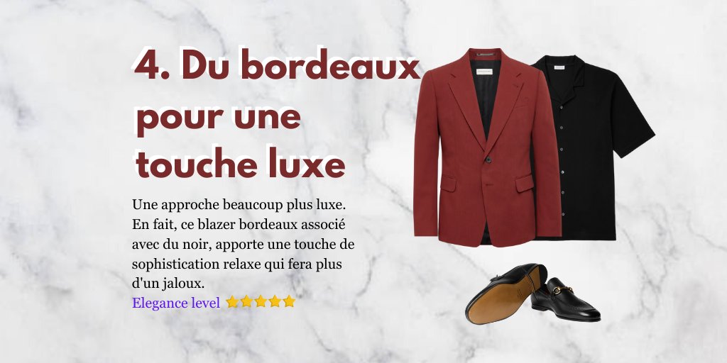 Un vernissage huppé, une projection privée, un dîner select : Un costume bordeaux en apporte une approche beaucoup plus luxe. En fait, ce costume bordeaux associé avec du noir, apporte une touche de sophistication qui fera plus d& #39;un jaloux.