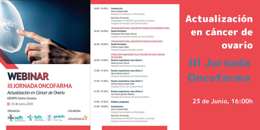Mañana! Webinar 💻 
III Jornada Oncofarma sobre "Actualización en Cáncer de Ovario"
Organizada por el grupo GEDEFO Centro-Canarias 
Inscripción: ow.ly/k0l750Adlkd
