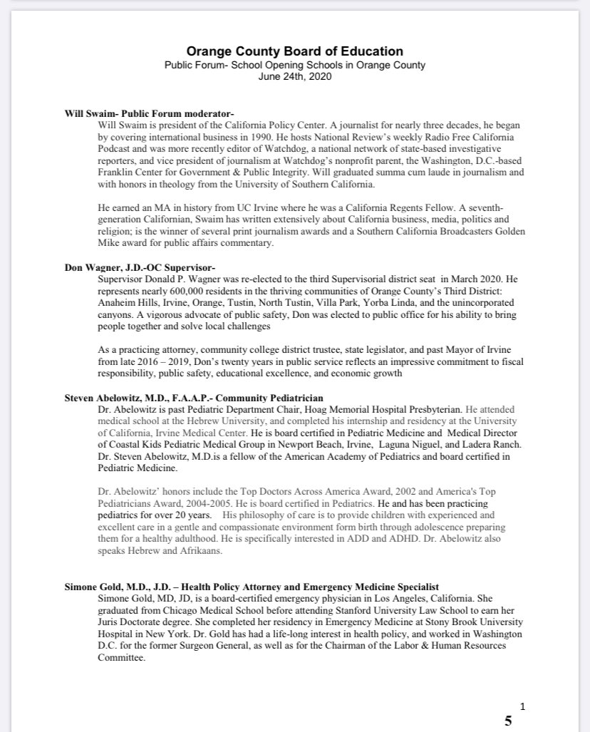 There are 11 panelists and 1 moderator for the event. I’m attaching a link to the agenda where you can see all the panelists and their bios they’ve attached: https://ocde.us/Board/Documents/2020%20Agendas/Special%20Meeting%20Agenda%2006.24.2020.pdf