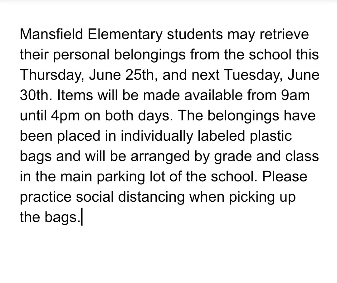 Mansfield student belongings pickup <a href="/agiordano72/">Dr. Anthony Giordano</a> <a href="/schoolmom23/">denise heymann</a> <a href="/melmnj/">Mansfield Elementary</a> <a href="/MansfieldPTA/">Mansfield PTA</a>