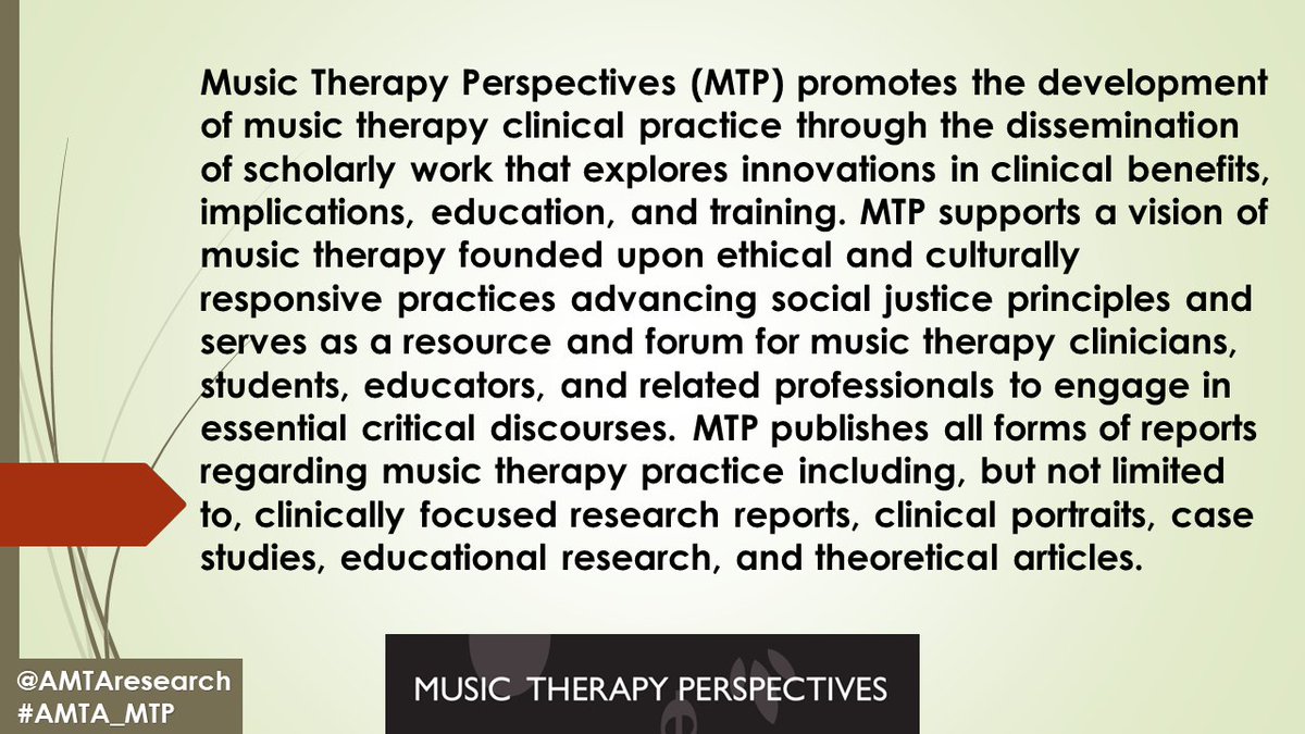 AmtaResearch's tweet photo. Following a seven month collaborative review, the editorial board of Music Therapy Perspectives has approved a revised mission statement to address issues of social justice, diversity, equity, and inclusiveness in our profession.
#MTResearch #AMTA_MTP #musictherapy https://t.co/8iKzxFPGFS