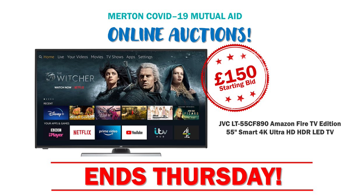 MertonMutualAid's tweet photo. The auction is heating up! Bidding for this JVC 55" Smart LED TV starts at only £150! Head on to https://t.co/nU12on2vwQ to try and snap up this great bargain. All proceeds go towards helping the vulnerable, so getting a new TV would feel extra good! 😇📺 https://t.co/GqPLBKEfIf