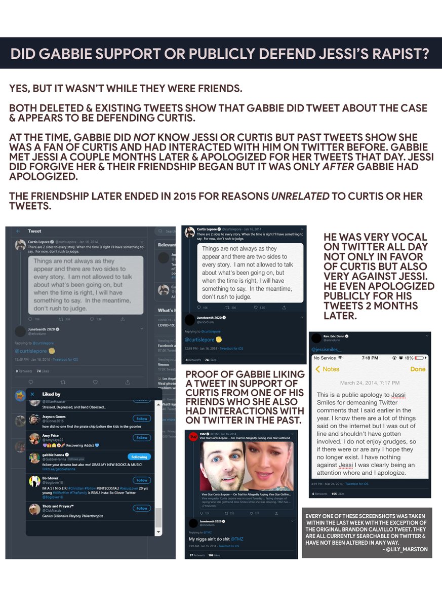 SO NOW I THINK WE CAN FINALLY ANSWER THE QUESTION EVERYONE'S BEEN ASKING (THAT GABBIE COULD'VE JUST ANSWERED IF SHE ACKNOWLEDGED & APOLOGIZED FOR THE TWEETS LIKE SHE DID TO JESSI IN 2014 INSTEAD OF PRETENDING THEY DIDNT EXIST)DID GABBIE SUPPORT OR PUBLICLY DEFEND JESSI’S RAPIST?