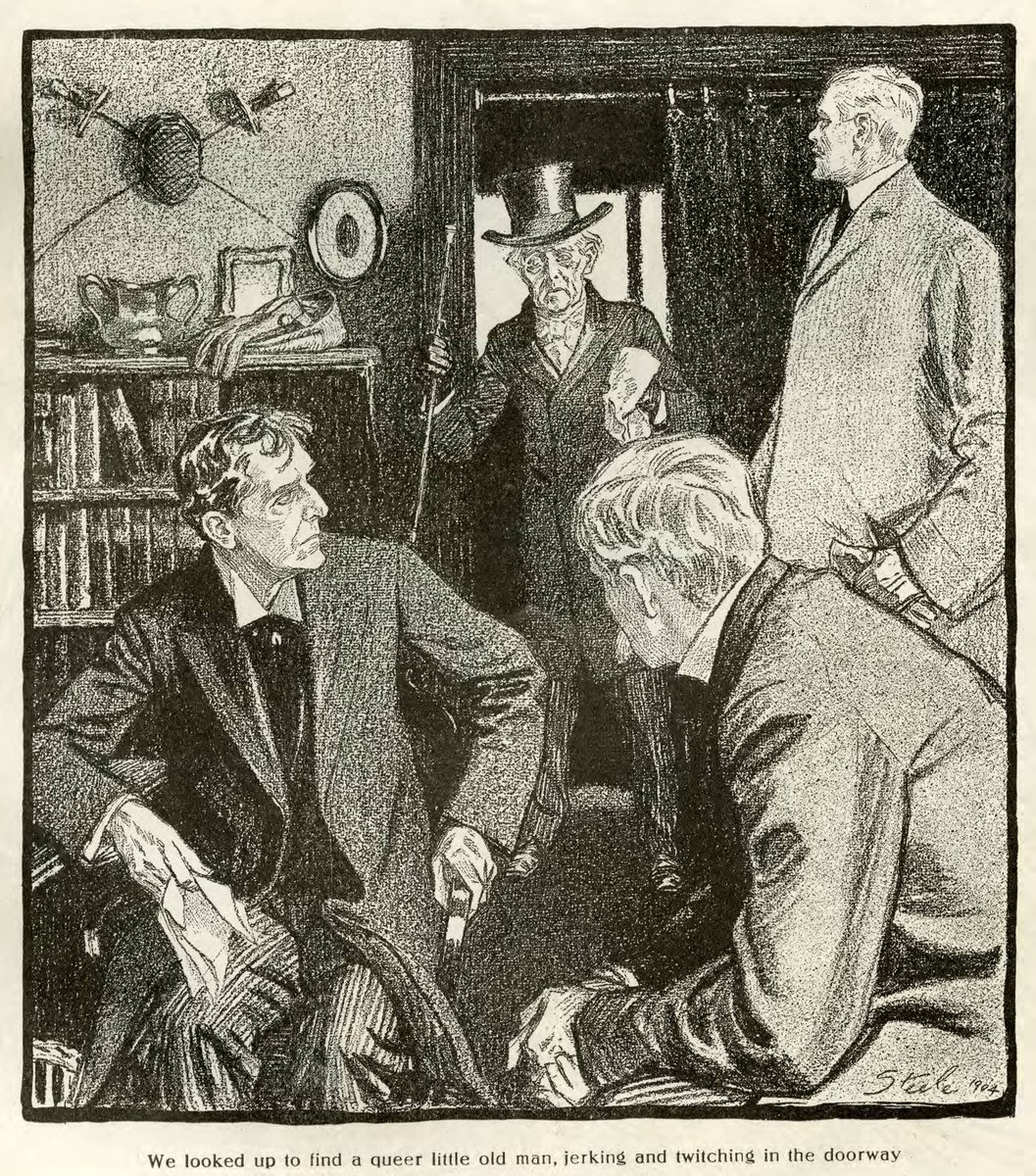 A 1904 FDS illustration from "The Missing Three-Quarter" to start the week (our 16th in isolation)  @SherlockUMN  @umnlib. "We looked up to find a queer little old man, jerking and twitching in the doorway." We might caption it differently today. Stay safe.  http://purl.umn.edu/99330 