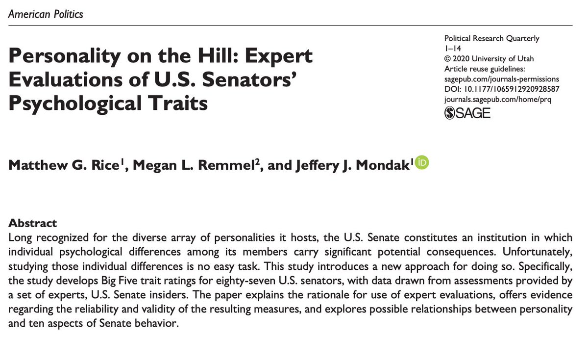 Very exciting to see this article on the Big Five personality traits of U.S. senators out at  @PRQjournal. It& #39;s quite the  @IllinoisPolSci team. The project began as an undergraduate senior honors thesis project for now  @Illinois_Alma alum Matthew Rice...
