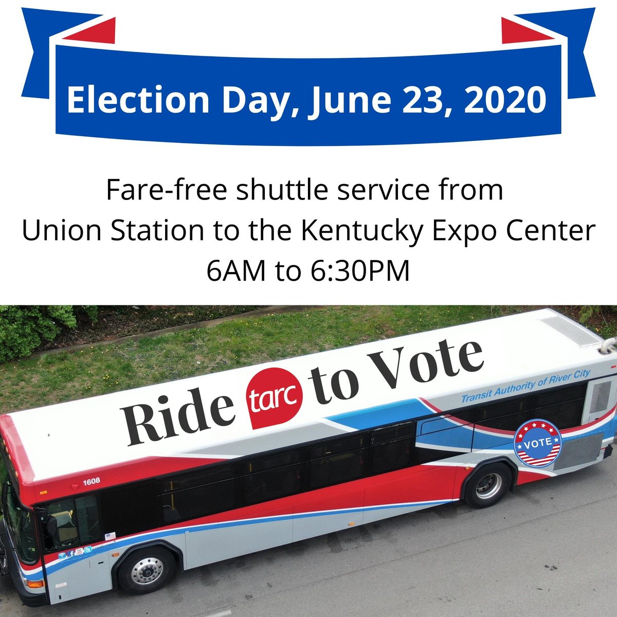ridetarc's tweet photo. 📌DON'T FORGET: Tomorrow, June 23, we will be providing fare-free shuttle service from Union Station, 1000 W Broadway, to voting polls at the Kentucky Exposition Center. Shuttles will run every 30 minutes, beginning at 6AM to 6:30PM. 🗳️

For more info: https://t.co/S9eWQ6i8du. https://t.co/VpBD7dPYC2