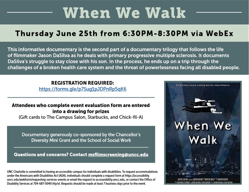 CLTSocialWork's tweet photo. Remember to register for the free film screening and panel discussion of "When We Walk" on Thursday, June 25, 2020, on-line via WebEx 6:30 PM – 8:30 PM.
Register here:
https://t.co/omLwbAXO0x #unccssw #WhenWeWalk #filmscreening https://t.co/BXABwdaA9y