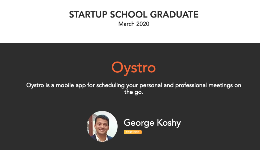 oystro's tweet photo. Oystro is YC @startupschool certified :) This is the beginning. The learning helped take #Oystro ahead. Weekly updates are a habit. Interacting with fellow founders is inspiring. What a great like-minded network! https://t.co/8bMtzcjbWq