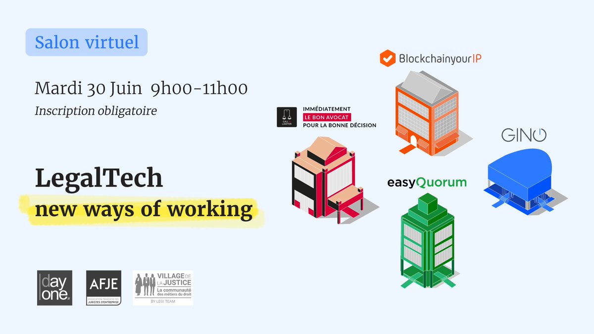 📢[SAVE THE DATE] – #1erSALONVIRTUEL📢
 "LegalTech, new ways of working"🚀
📆Mardi 30 juin 
9h-10h: Plènière
10h-11h: Démo produit <a href="/blckchainyourip/">BlockchainyourIP</a> <a href="/getcallalawyer/">Call A Lawyer</a> @easyquorum <a href="/Ginolegaltech/">Ginolegaltech</a> 
Partenaires : <a href="/DayOneIntl/">Day One</a> @AFJE <a href="/Villagejustice/">Village justice</a> 
⏩Inscription : urlz.fr/d6fQ